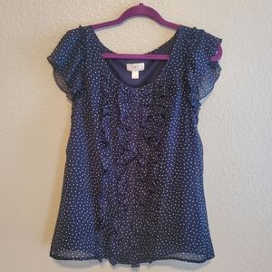 LOFT Blue polka dot blouse with ruffle details